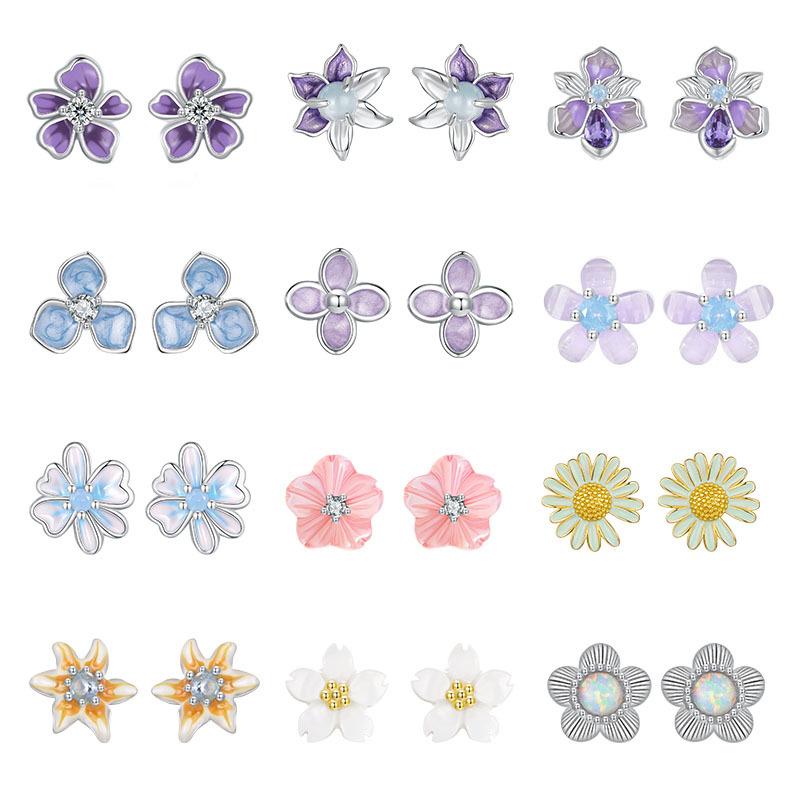 Dripping Oil Flower Stud Earrings Collection Mori Small Fresh S925 Sterling Silver Small Flower Stud Earrings