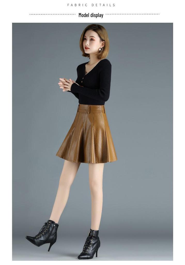 2022 High-Waisted A-line PU Faux Leather Pleated Skirt - Autumn/Winter Women's Stylish Short Umbrella Skirt