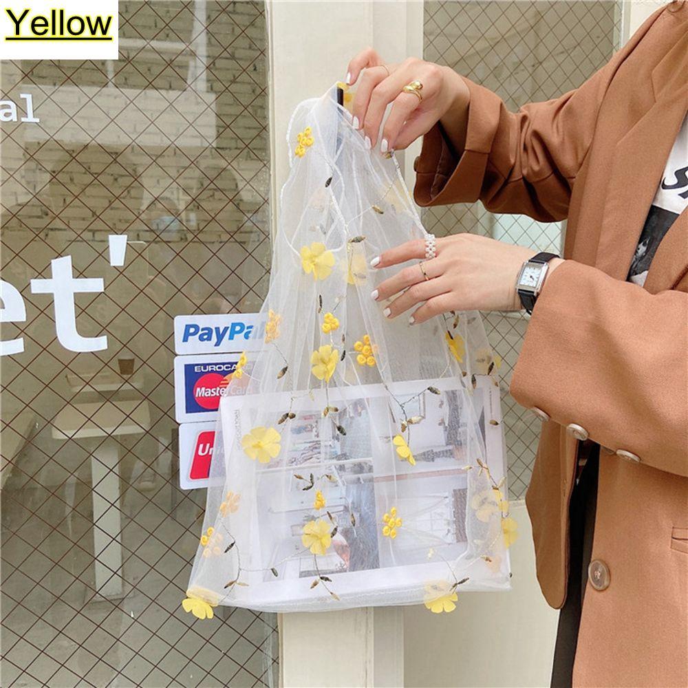 Women Transparent Tote Organza Yarn Cloth Beach Bag Embroidery Handbag Eco Clear Hand Bags Purse Girls Mesh Floral Shopping Bag