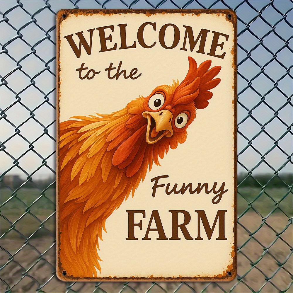 "Welcome to the Funny Farm" Rooster Sign - 8x12 Inch Vintage Metal Decor for Coop & Garden
