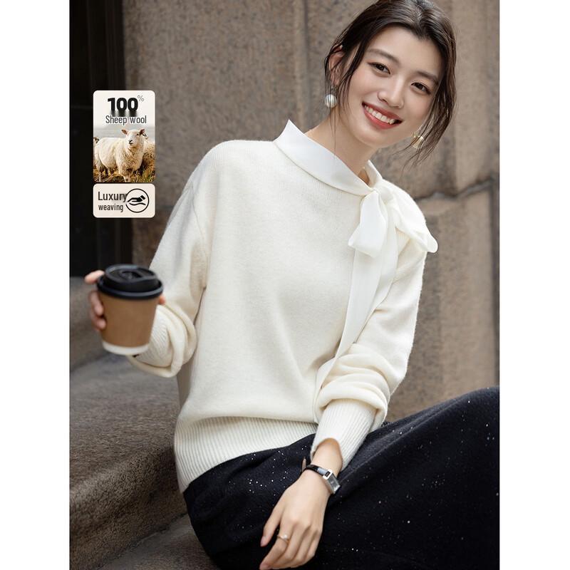 

Demana 100% Merino Wool Ribbon-Tie Round Neck Knit Sweater L