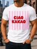 Ciao Kakao Phrase in abgerundeten roten Buchstaben über rosa Retro-Streifen-Grafik, featuring ein kühles Unisex-Ganzkörper-T-Shirt