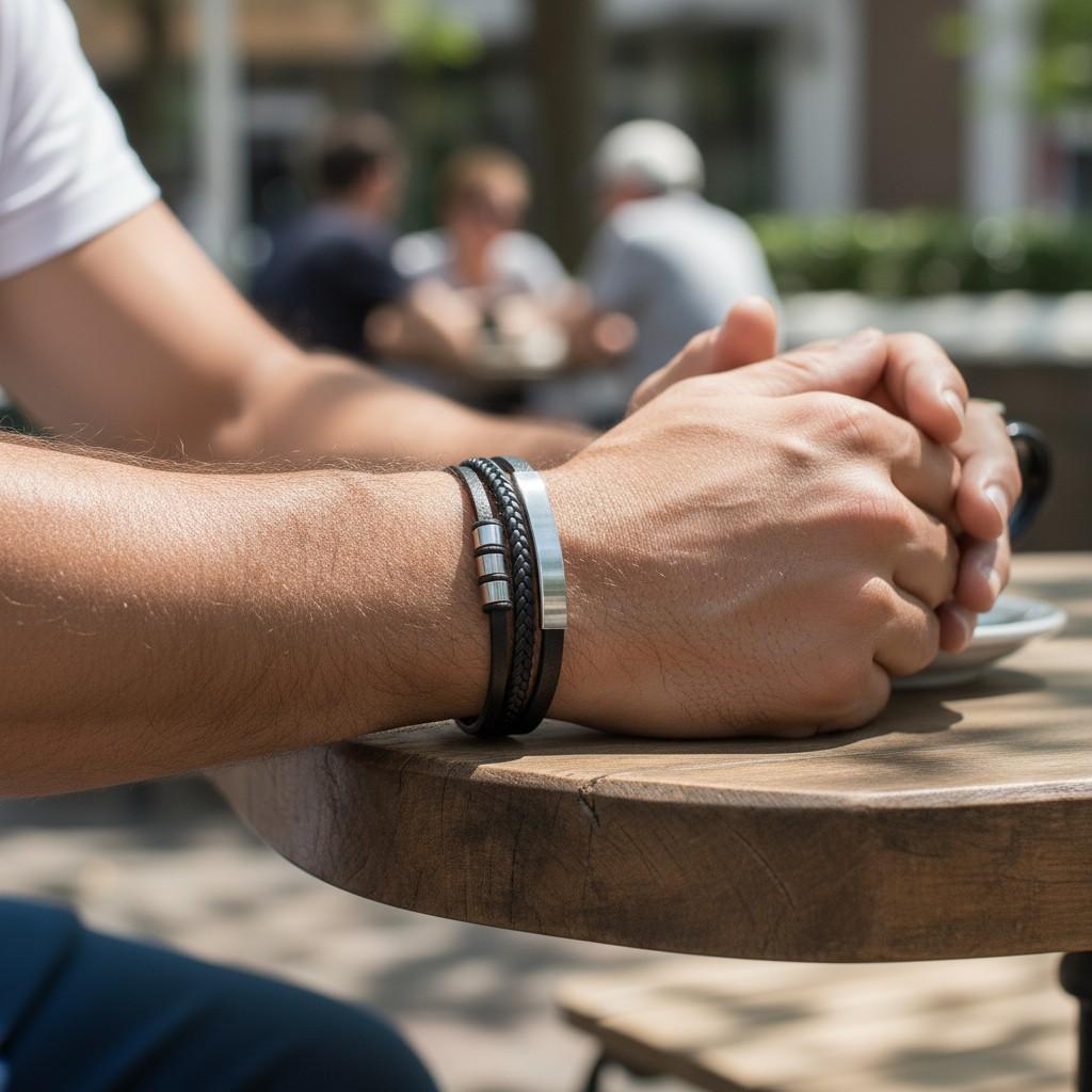 Men' leather bracelet, black, multi-layer, 316L steel, magnet, 21cm, gift