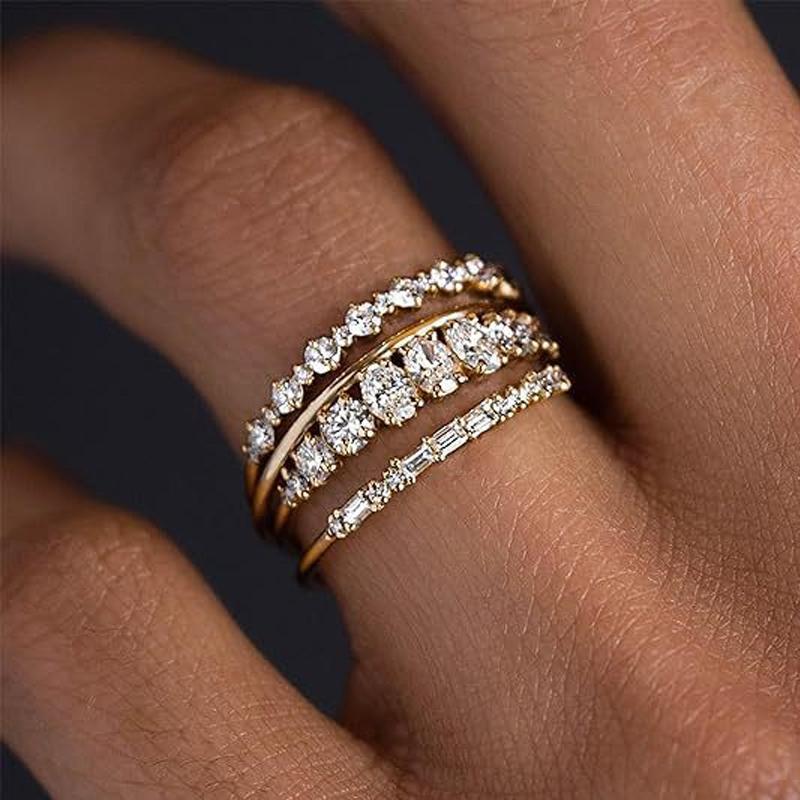 

4pcs 14k Gold Plated Zircon Stacking Rings Set for Women Retro Minimalist High Quality Crystal Charm Finger Ring Copper Jewelry 6