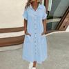 Women's Fashion Solid Color V-neck Short Sleeve Button Long Dress
