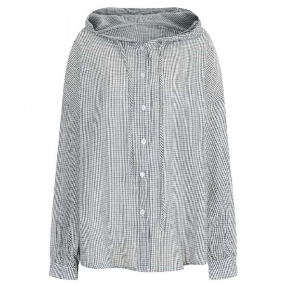 Shop Women Loose Fit Check Long Sleeve Hood Blouse Ivory Mse Wbl 20378