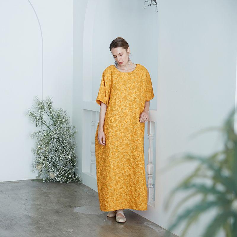 

Minimalist Style Y3 Fancy Big Brand Graceful European and American Style Relief Slim Looking Robe Loose Extra Long Vacation Long Dress Ginger yellow M