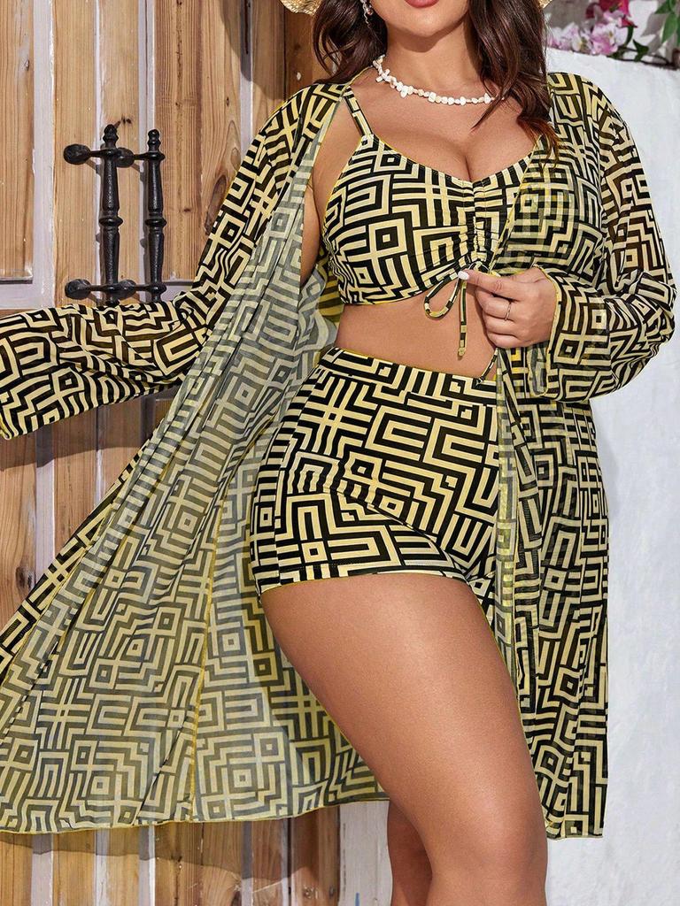 2025 New Plus Size Women's High-Waisted Three-Piece Split Bikini Swimwear