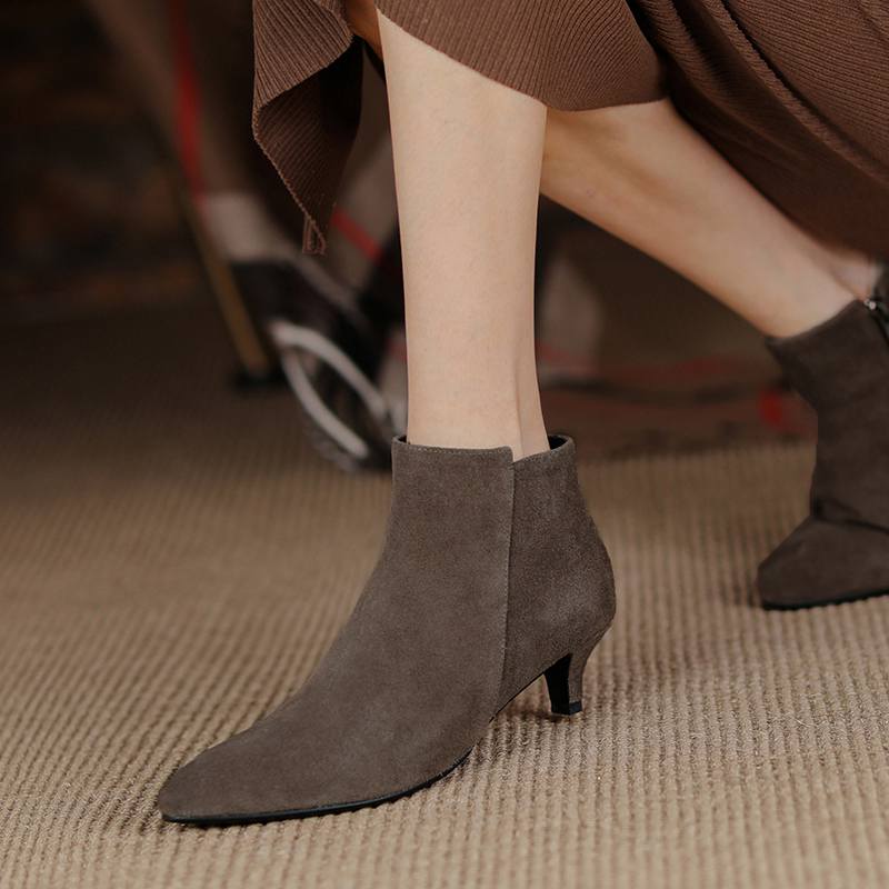 Krazing Pot Cow Suede Winter Round Toe Med Thin Heels Modern Boots Women Big Size 43 Zipper Basic Clothing Ankle Boots
