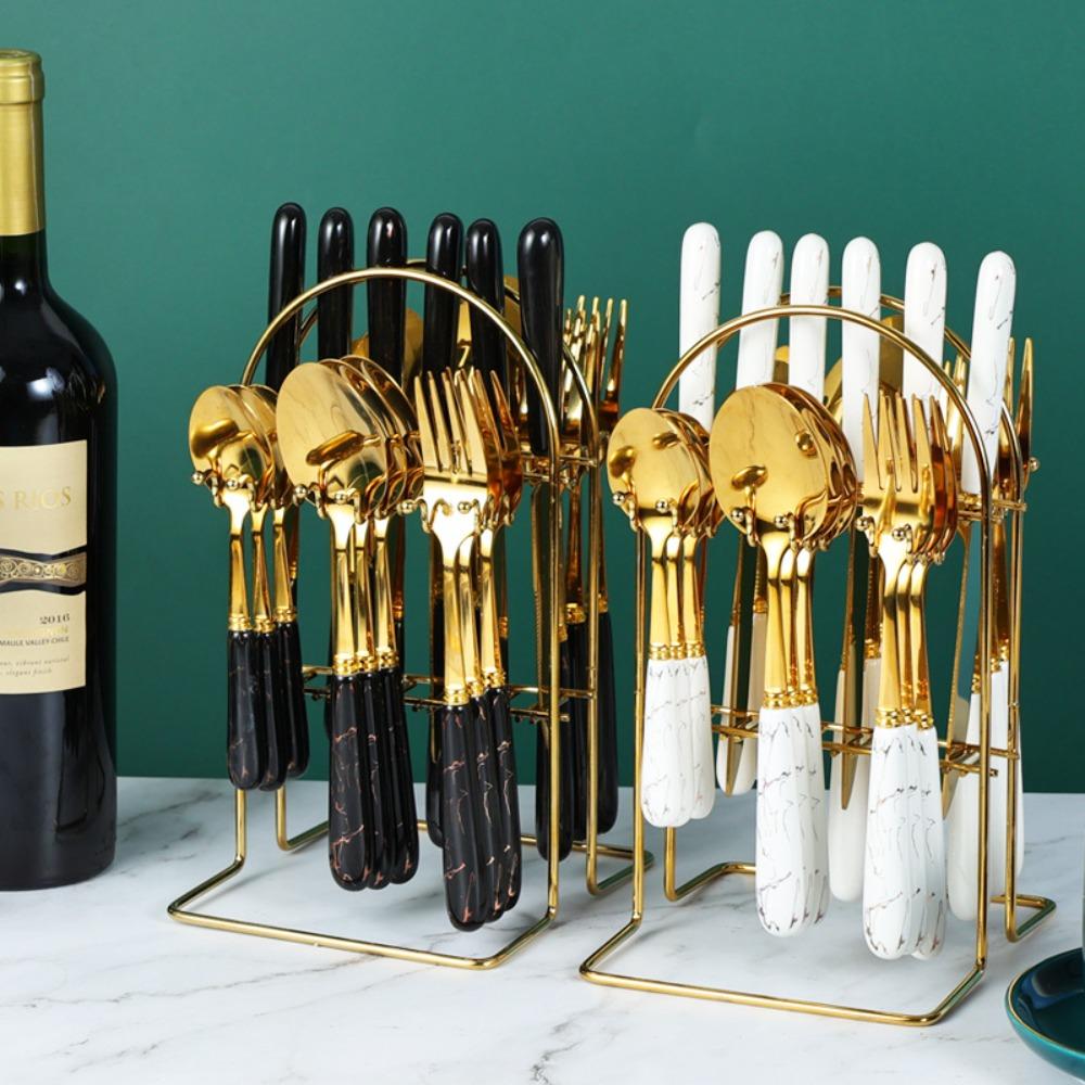 24pcs Stainless Steel Marbled Tableware Set Nordic Style Dessert Dinnerware Suit  Restaurant