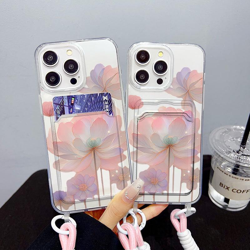 

Pink Lotus Card Holder Case for iPhone 16 Pro Max & Apple 14/13, Soft Female Ins Style with Lanyard iPhone 13