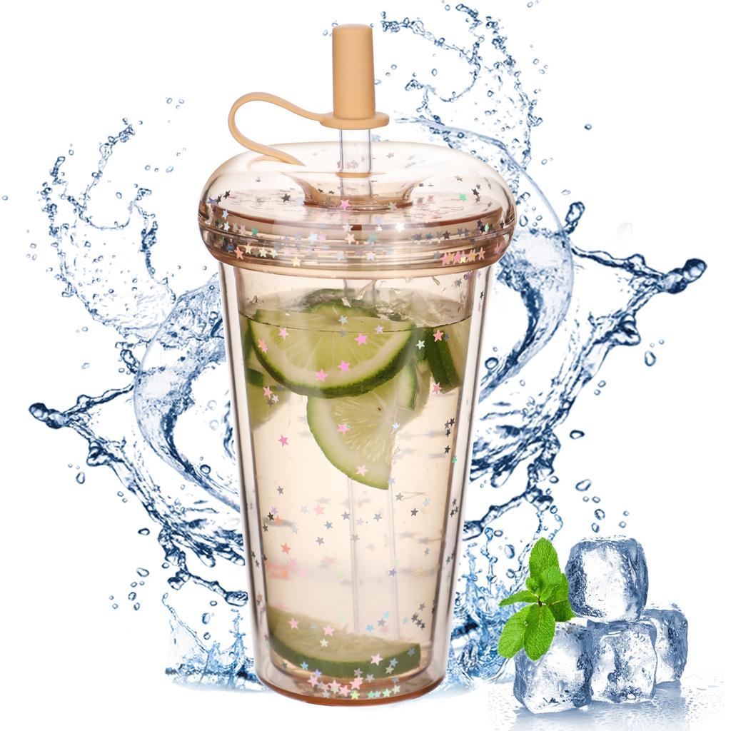14.8oz Star Clear Tumbler With Straw Reusable Transparent Double-layer Water Bottle For Coffee Milk DIY Smoothie Cup Drink green