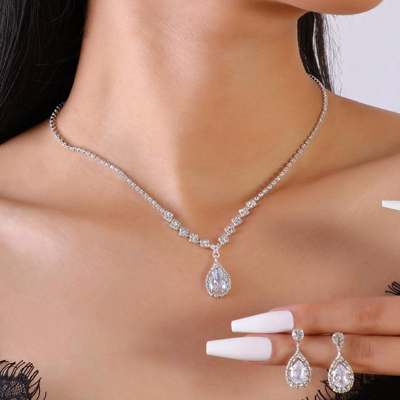 Silver Pink Teardrop Zircon Jewelry Set Necklace Drop Earrings For Women Wedding Gift