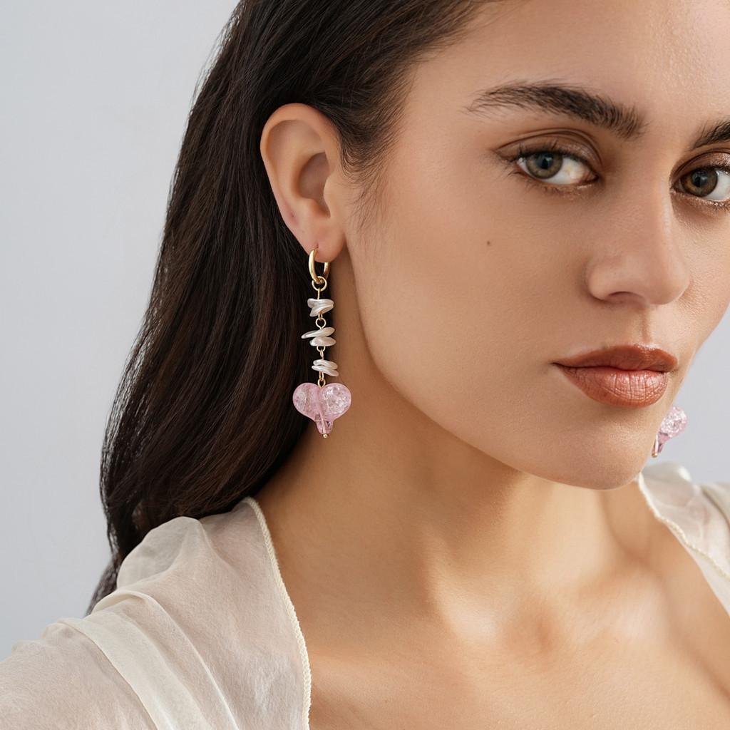 Heart Long Pink Shaped Earrings With Pearls Adorned For Stylish Women