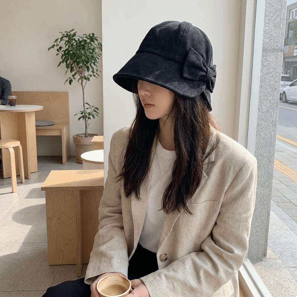 Bowknot Fisherman Cap Small Brim Basin Cap Elegant Corduroy Bucket Hat Casual