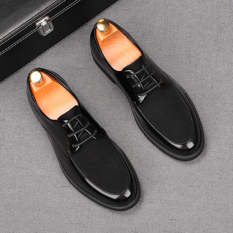 Fashion Luxury Men's Lace Up Suede Patent Leather Mixed Business Flats Shoes Male Designer Homecoming Wedding Dress Footwear
