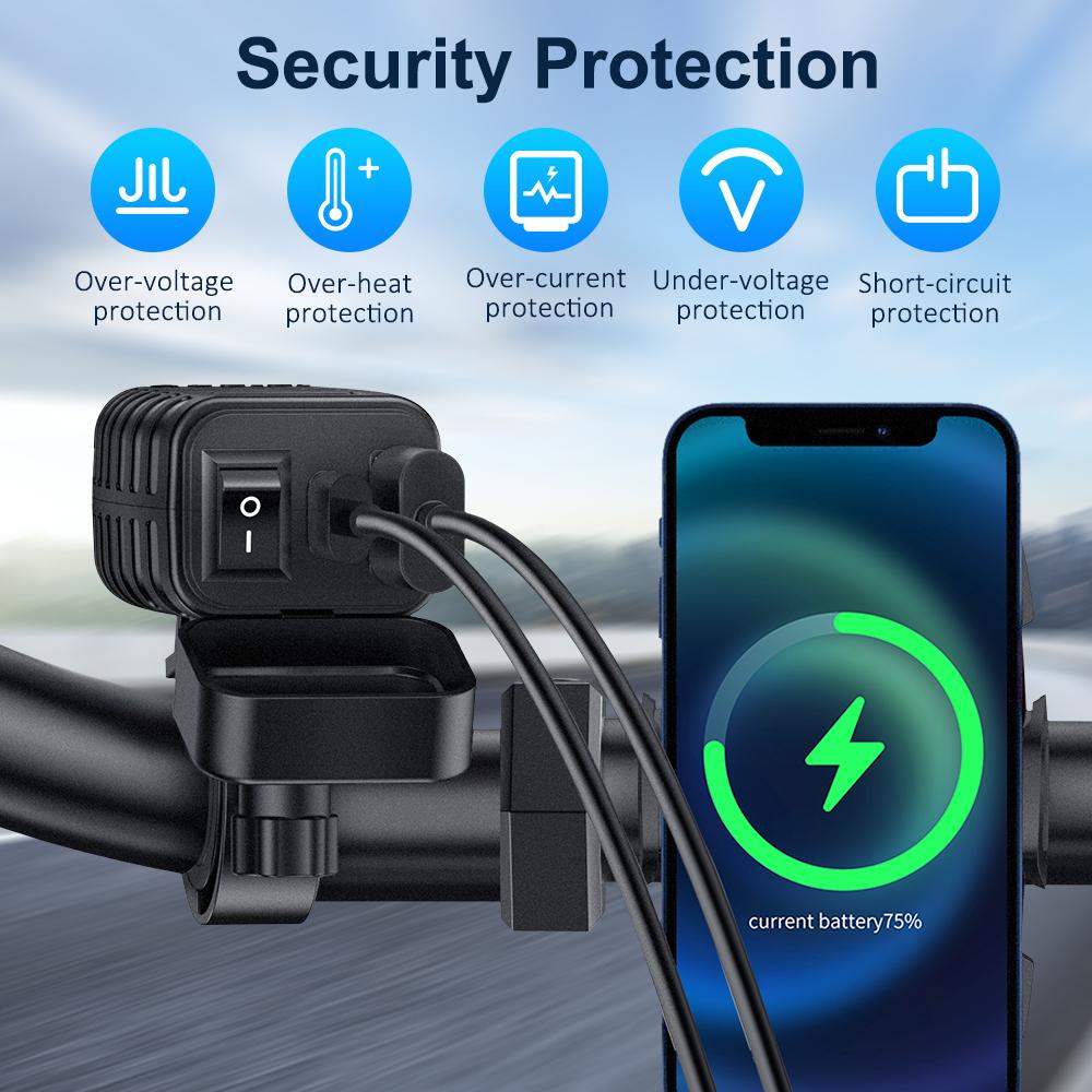 Motorcycle 48W Mobile Phone Quick Charger Waterproof and Dustproof  Intelligent Fast Charging Voltage Display ON/Off