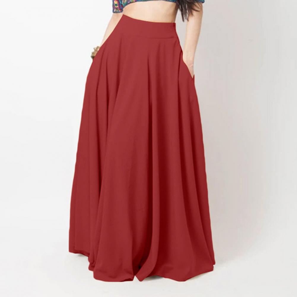 Damen Maxirock Hohe Taille A-Linie Unifarben Rock mit Taschen Lockerer Schnitt Passform Faltenrock Lang Freizeit Alltagskleidung