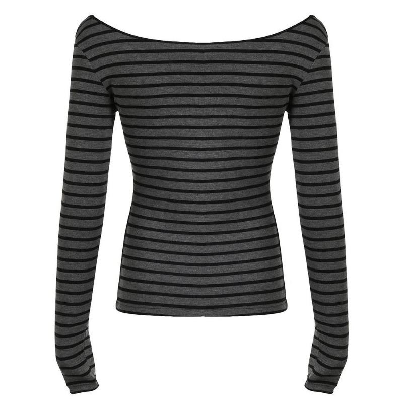 2KWEIRD Japanisches Basic Slim Langarm Streifen T-Shirt Schulterfrei O-Ausschnitt Koreanischer Streetstyle Frühling Herbst Y2K Graues T-Shirt Damen