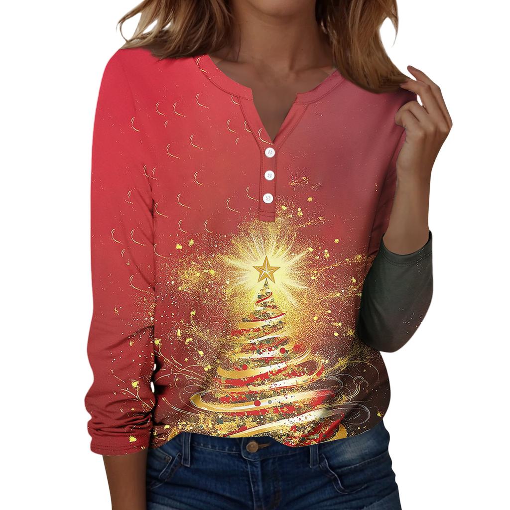 Women's T Shirt Tee Christmas Print Button Long Sleeve Daily Weekend Fashion Basic V- Neck Regular Top
