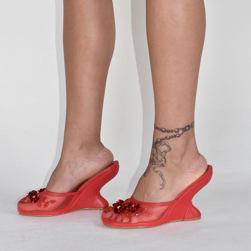 Mode Damen Sommer Keilabsätze Mesh Schuhe Für Damen Blume Runde Zehenpartie Slipper Aushöhlen Hochhackige Sandalen Mujer Party Hochzeit Pumps