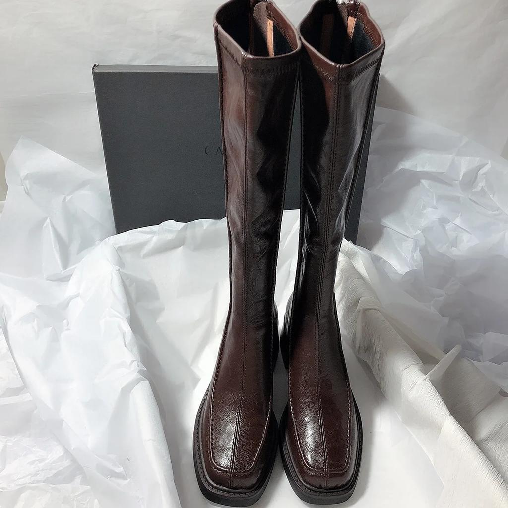Autumn Winter New High-heeled Women's Boots, Square Toe Elastic Boots, Thick Heel Knee High Boots