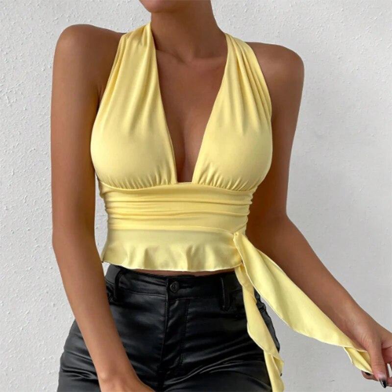 Women's Sexy Tight Fitting Deep V-neck Pleated Top Tight Fitting 2025 Spring Beach Resort Nightclub New Model Women's Sexy Tigh