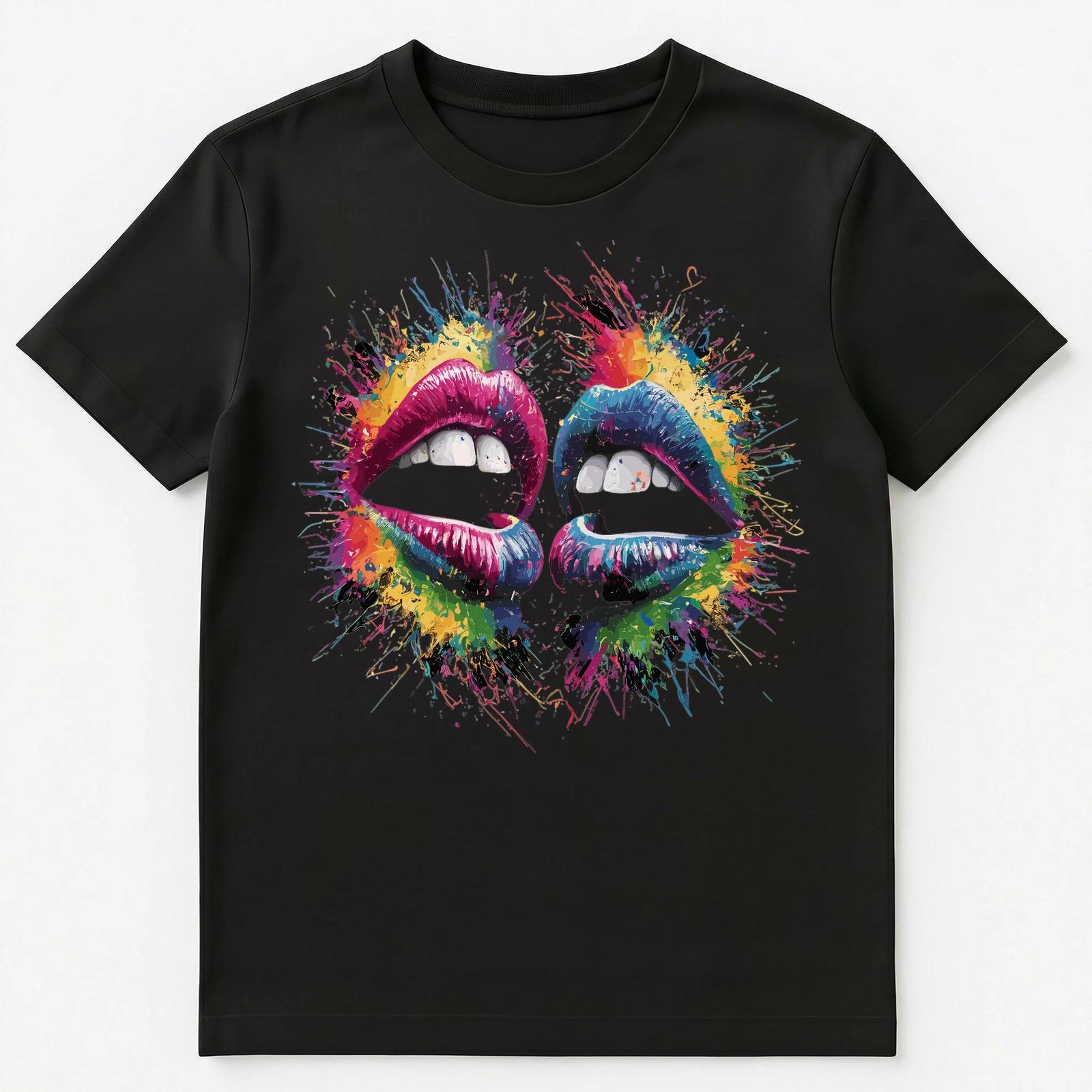 

Colorful Paint Splash Pair Of Lips Art Graphic Unisex T-Shirt S