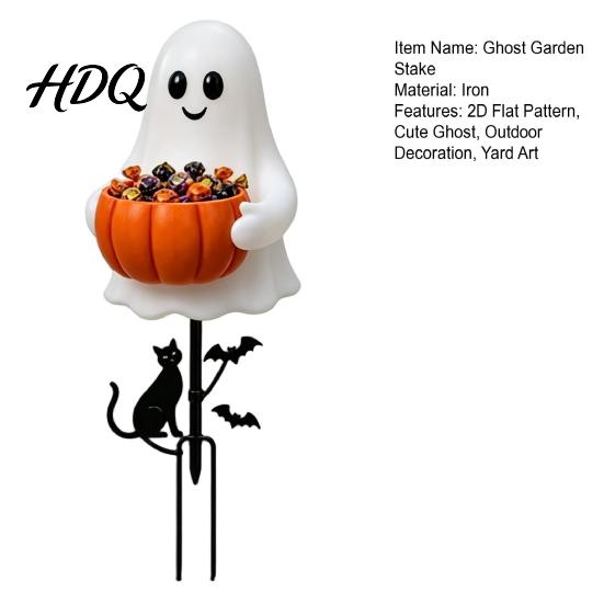Süße Halloween-Gartendekoration Geist Süßigkeitenschale Pfahl 2D Flacher Kürbis Halter mit Katze und Fledermäusen Süßes oder Saures Hof-Kunst für Veranda Weg Rasenpfähle
