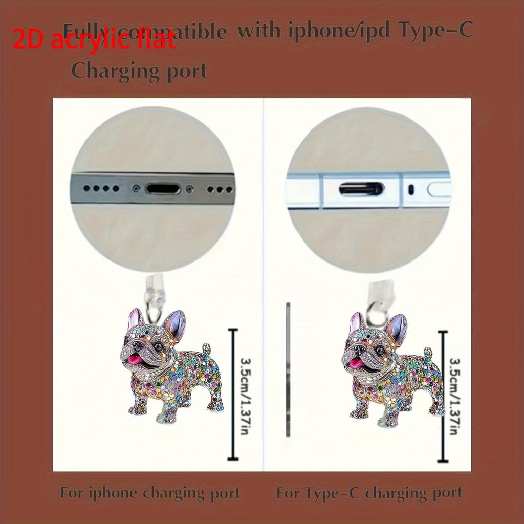 1 шт. Блестящая акриловая заглушка от пыли в виде французского бульдога для разъема iPhone/Type-C - Ослепительный дизайн со стразами