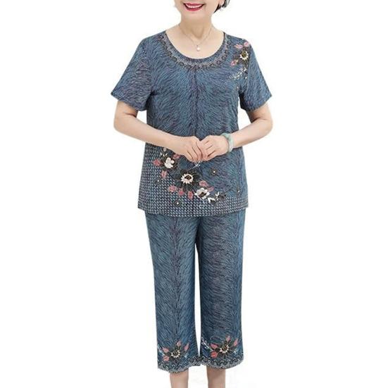 Conjunto de Duas Peças Feminino de Seda Gelada para Primavera Verão, Gola Redonda, Manga Curta + Calças, Conjunto Esportivo Casual