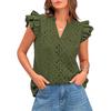 Women European Style Casual Summer Hollow Out Embroidery Flounce Sleeve V Neck Shirt
