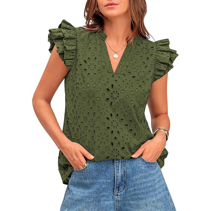 Women European Style Casual Summer Hollow Out Embroidery Flounce Sleeve V Neck Shirt
