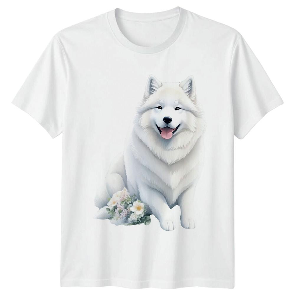 Cute Samoyed Dog Flowers Graphic TShirt S