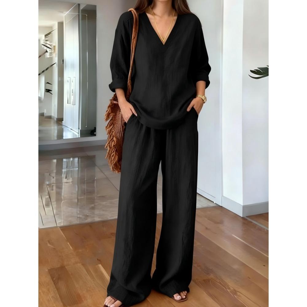 Women's V Neck Long Sleeve Top And Wide Leg Pants Set Casual Loose Two Piece Outfits For Spring Summer