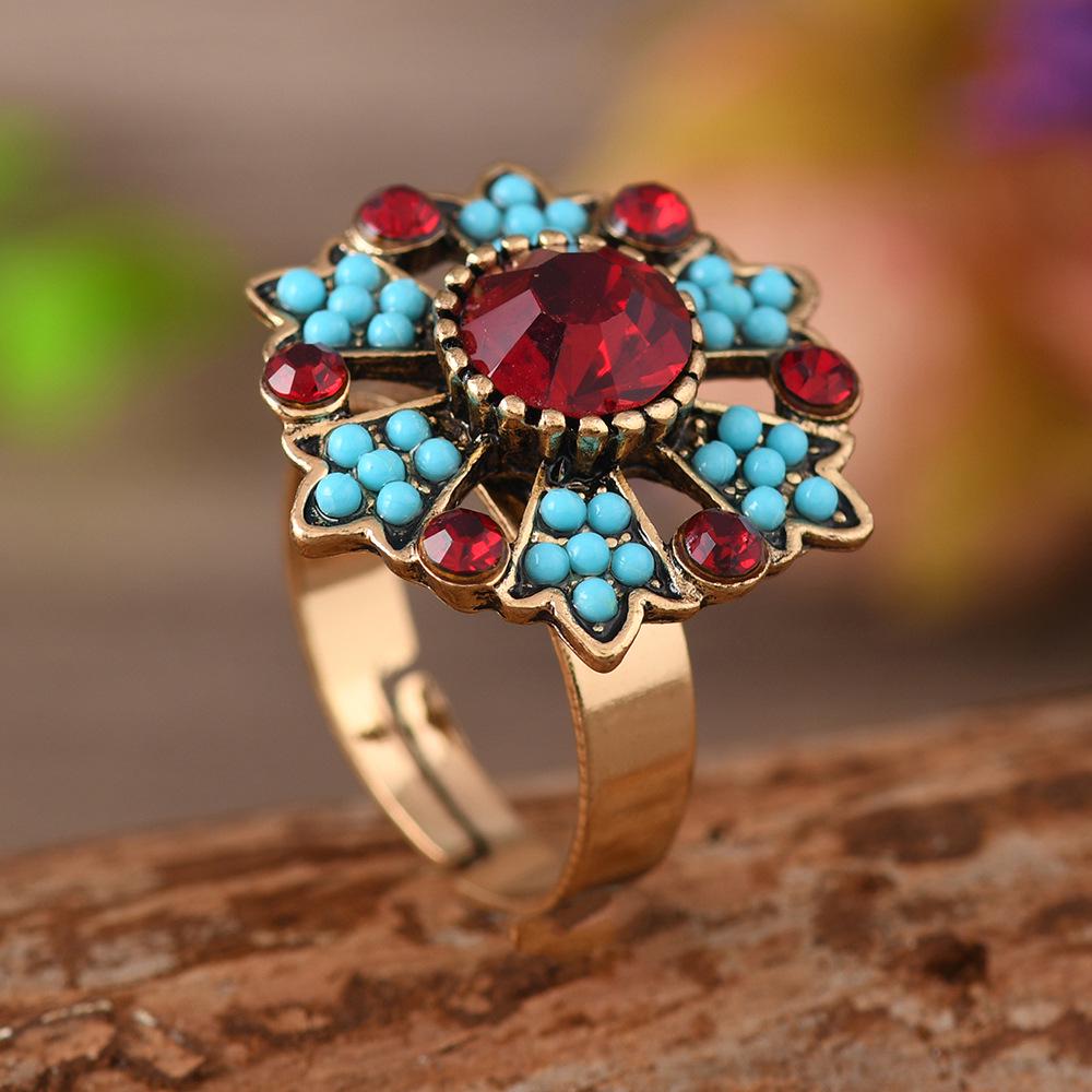 European  American Bohemian Rhinestone Flower Ring for Women