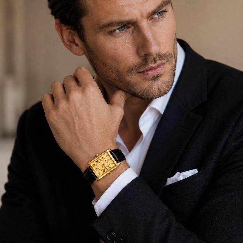 Luxury Brand Men's Quartz Wristwatch Fashion Rectangle Dial Leather Strap Watch for Man Business Casual Male Clock Montre Homme