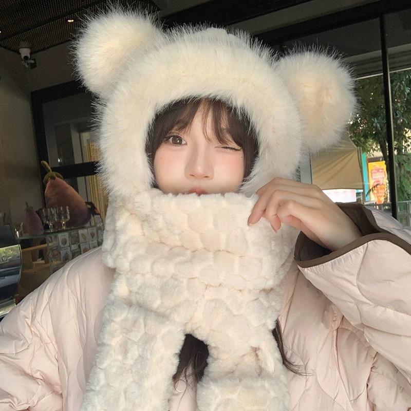 New Winter Bear Hat Girl Windproof Scarf Gloves Plus Velvet Bike Warm Artifact Integrated with Cold Protection