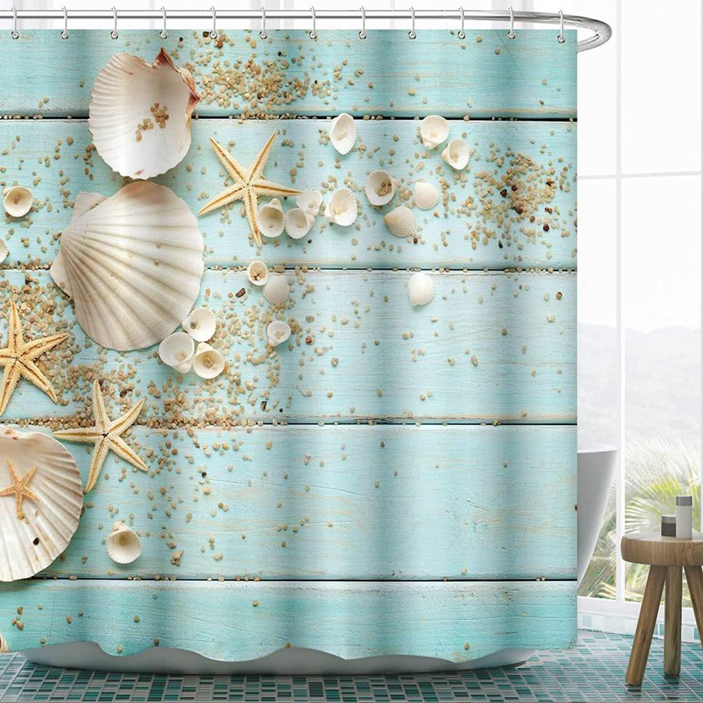 Coastal Marine Shower Curtain: Dolphin, Starfish, Seahorse, Seashell, Sea Turtle - Moisture-Proof, Mildew-Resistant, Waterproof, Beach Bathroom Décor