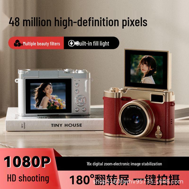 Retro Mirrorless Digital Camera with Folding Selfie Screen, 16x Zoom, and Portable Recording.