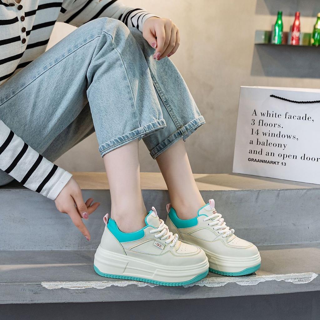 Leather color matching women's shoes spring new women's single shoes versatile platform lace-up casual student women's board shoes