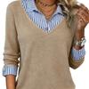 Damen S Langarm V-Ausschnitt Gestreiftes Patchwork T-Shirt Stricktop Freizeitkleidung