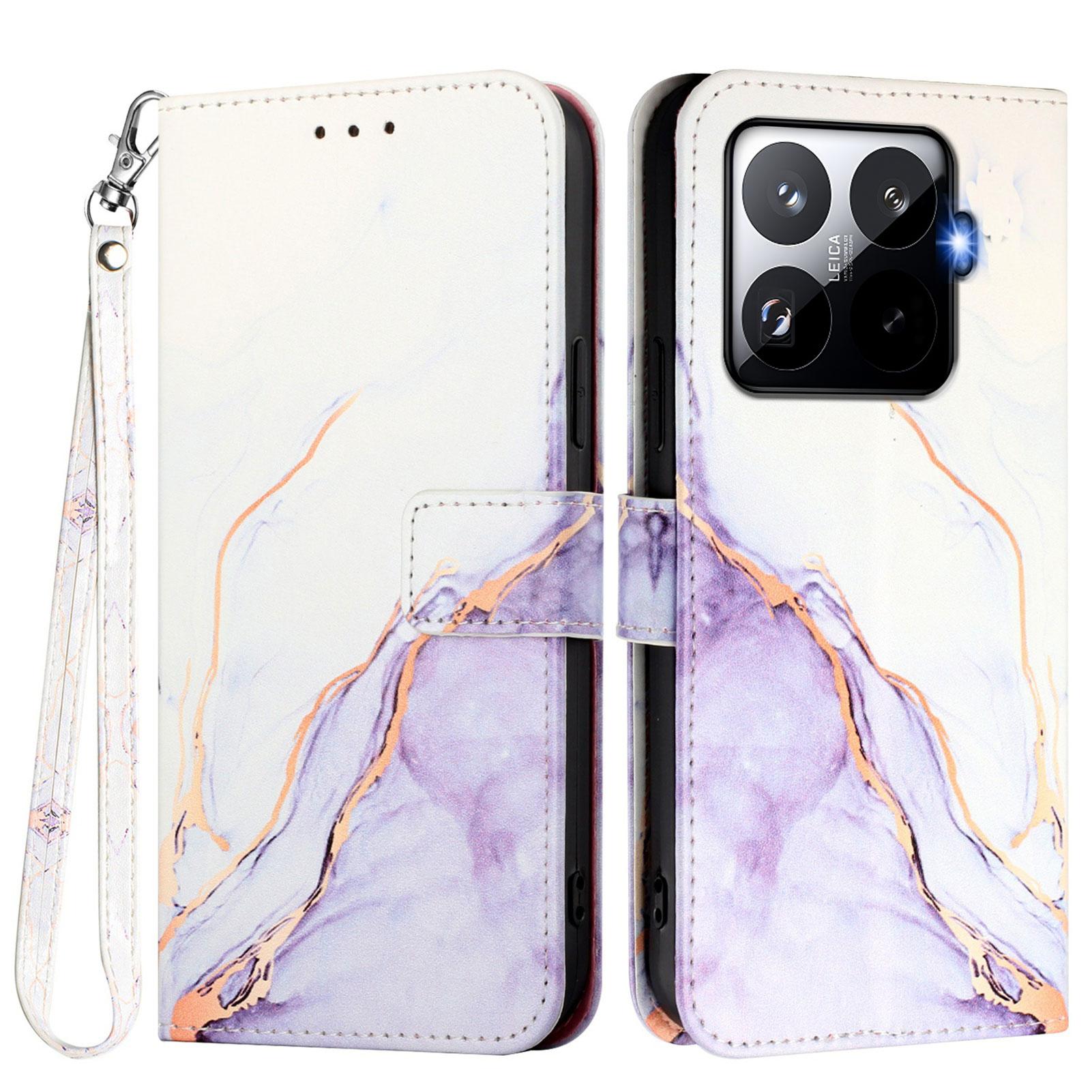 

Чехол для Xiaomi 15T Pro с ремешком, кожаный чехол для телефона с мраморным узором, держатель для карт White Purple LS006