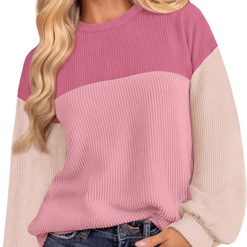 Women Fashion Color Block Long Sleeve O-neck Knitted Ribbed Casual Loose Pullovers