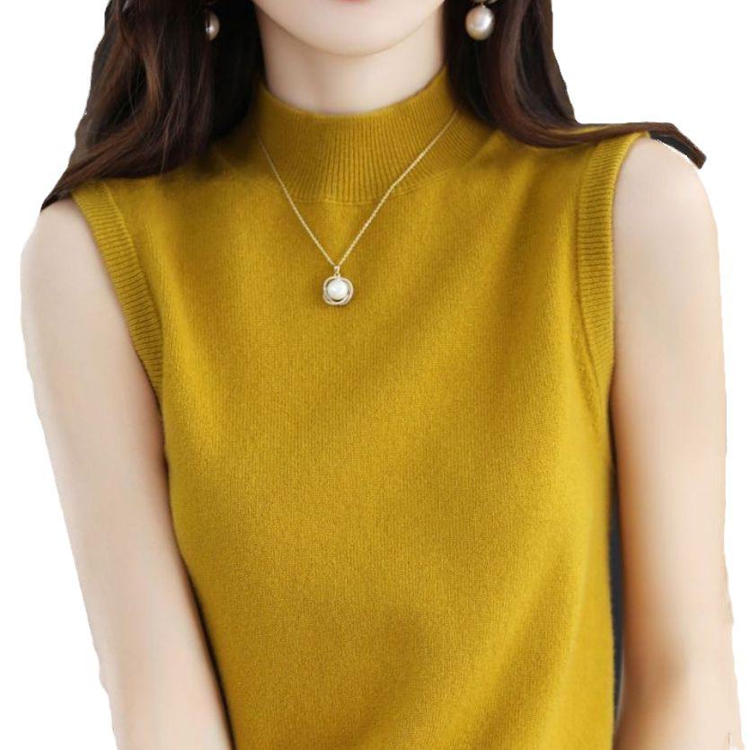Women's Cashmere Sleeveless Pullover Sweater - Autumn 23 Collection, Solid Color, Half-High Neck, Straight Fit, Pure Wool Base Layer.