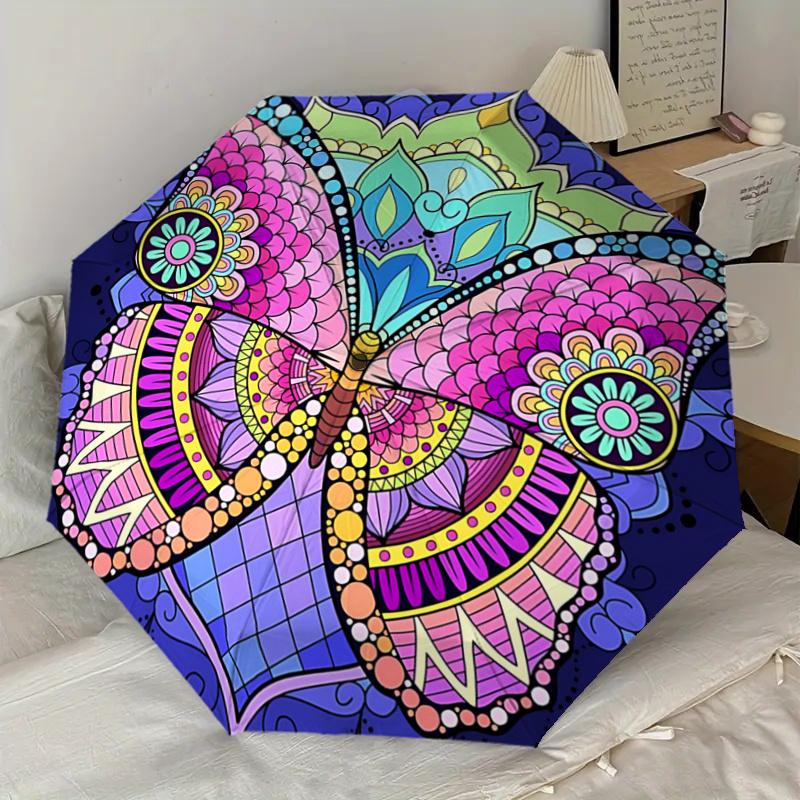 Colorful Butterfly Mandala Automatic Opening Folding Umbrella - Portable 3-Fold Design with 8-Bone Steel Frame, Perfect for Festivals, Trave