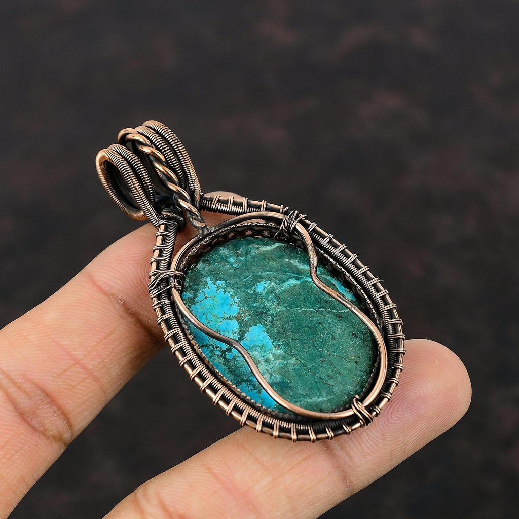 Tibetan Turquoise Pendant Copper Wire Wrapped Jewelry Handmade Copper Pendant Original Gemstone Pendant Engagement Gift Wire Wrapped Pendant