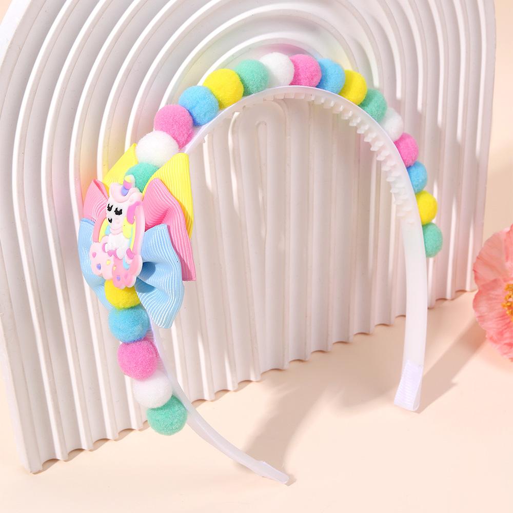 2Pcs Rabbit Fur Ball Headband Cute Rainbow Cartoon Unicorn Bow Hair Bands For Girls Children Kids Diadem Headdress Accessories