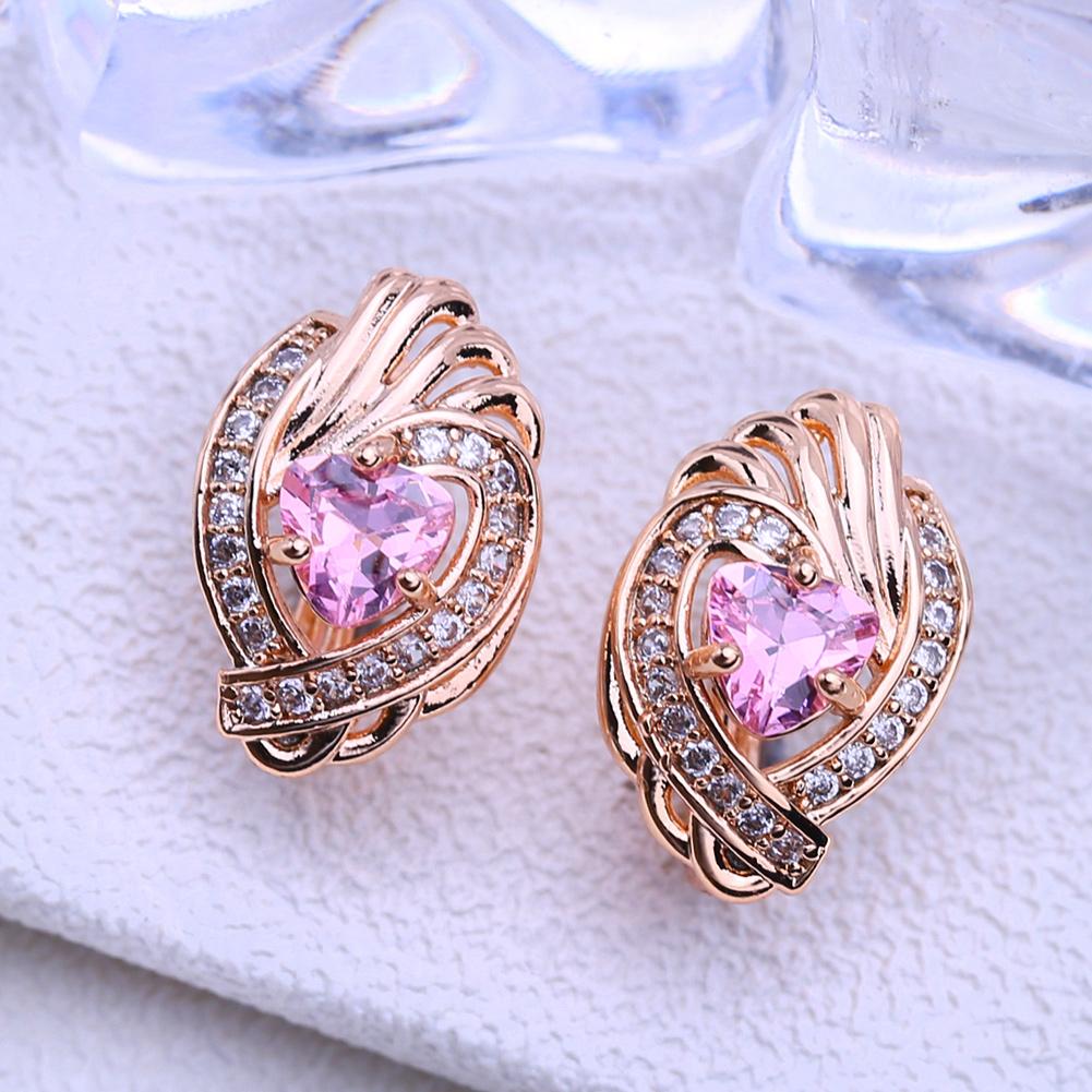 LSOOYH Ohrclips in Roségold, modische Ohrringe für Frauen, Geometrie, rosa Zirkonia, Ohrstecker, Schmuck