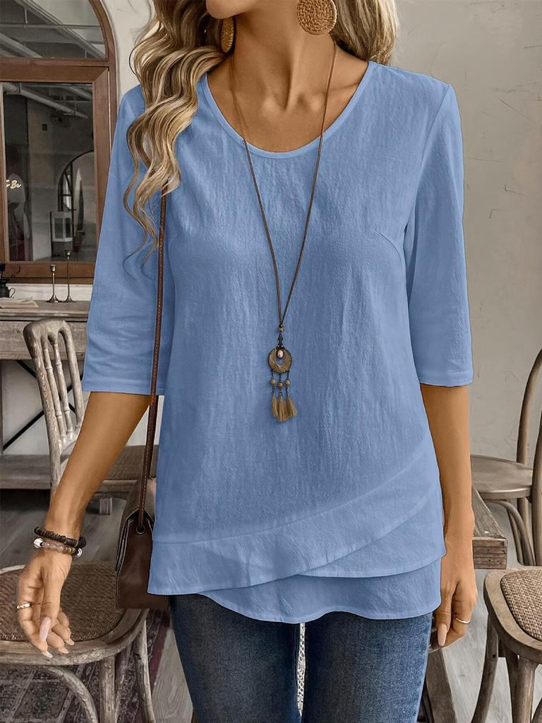 Damska casualowa koszula z okrągłym dekoltem i patchworkiem